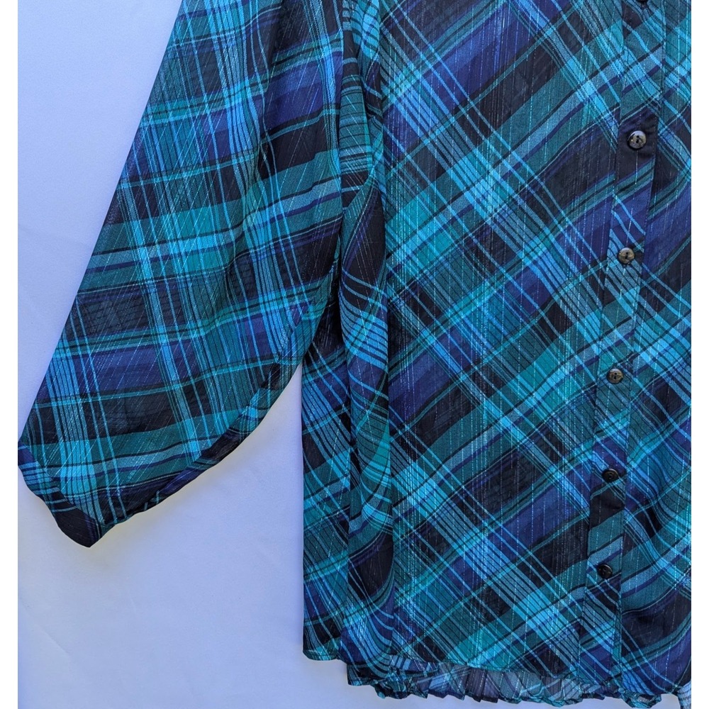 Catherines Plus 2x 22/24 Sheer ButtonUp Shirt Blouse Green Blue Teal Plaid Tunic - Picture 5 of 6